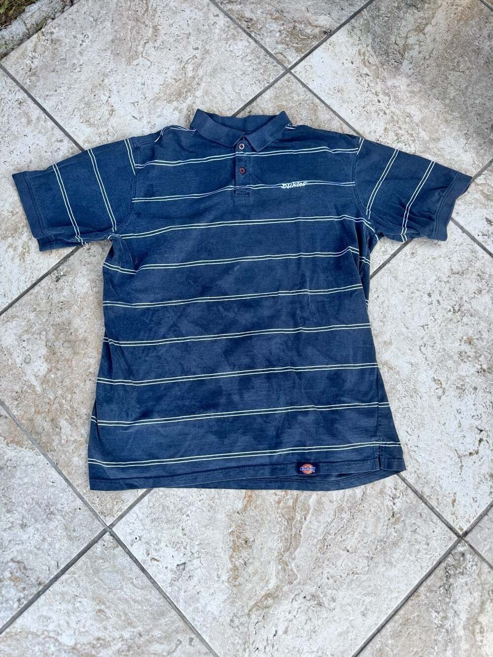 Dickies Vintage Striped Short Sleeve Polo Shirt Navy Blue Size XL